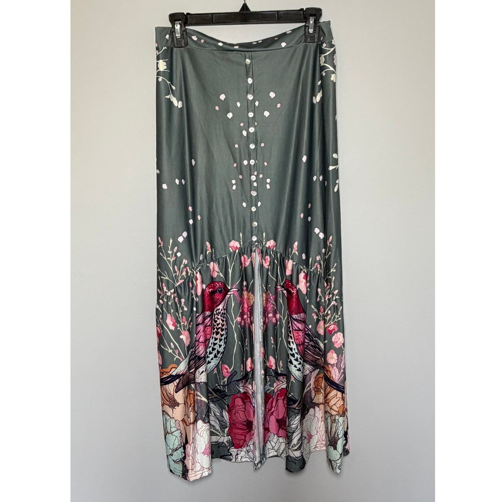 Lily by Firmiana 1XL Maxi Skirt Green Floral Bird Print Front Slit Button